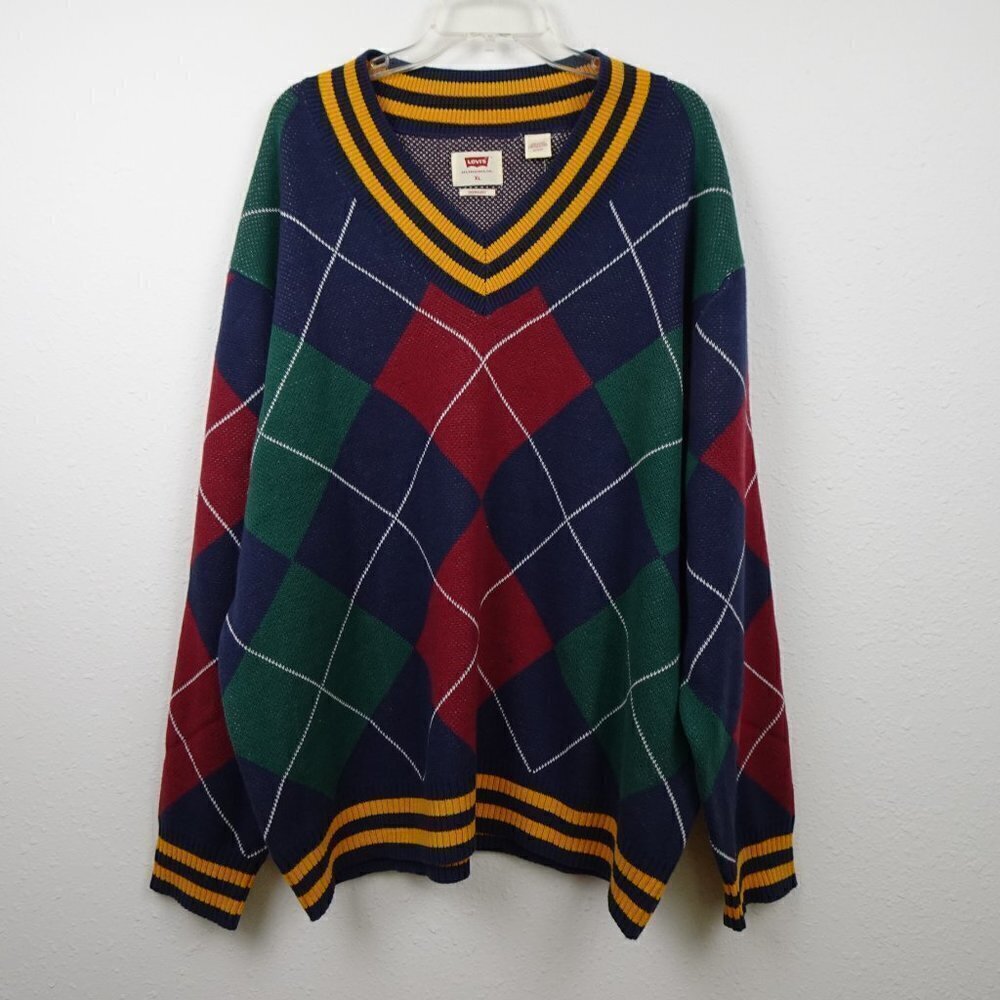 Levi's Oversized Sweater Men's Size XL Multicolor Stay Loose V-Neck Argyle